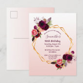 Birthday burgundy floral roos gouduitnodiging briefkaart (Voorkant / Achterkant)