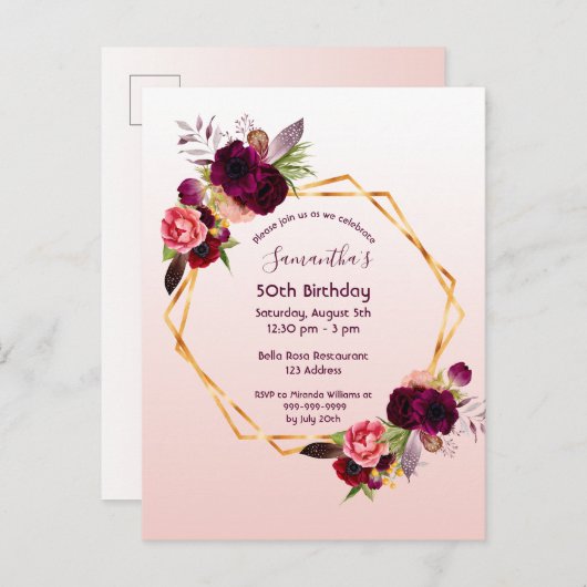 Birthday burgundy floral roos gouduitnodiging briefkaart (Voorkant / Achterkant)