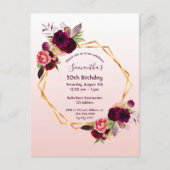 Birthday burgundy floral roos gouduitnodiging briefkaart (Voorkant)
