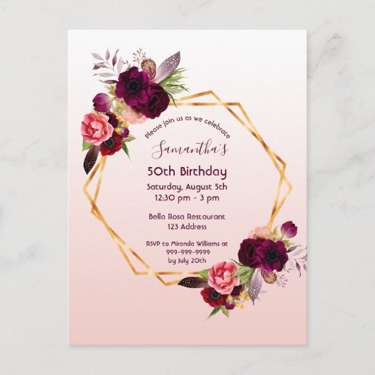 Birthday burgundy floral roos gouduitnodiging briefkaart (Voorkant)
