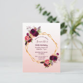 Birthday burgundy floral roos gouduitnodiging briefkaart (Staand voorkant)
