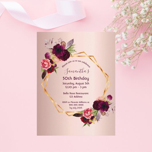 Birthday burgundy floral roos gouduitnodiging briefkaart