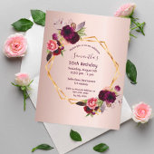 Birthday burgundy floral roos gouduitnodiging briefkaart