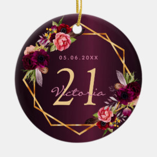 Birthday burgundy florals goudgeometrisch keramisch ornament