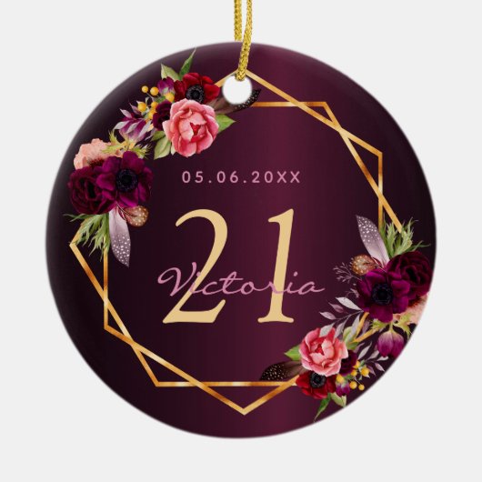 Birthday burgundy florals goudgeometrisch keramisch ornament (Voorkant)