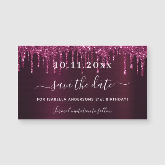 Birthday burgundy glitter druppelt op om de datum (Voorkant)