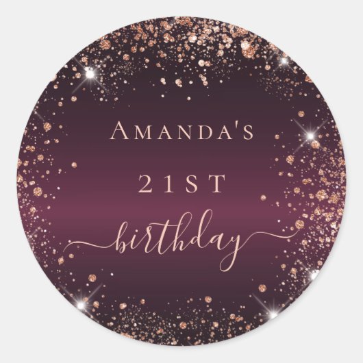 Birthday burgundy glitter-stofnaamscript ronde sticker (Voorkant)