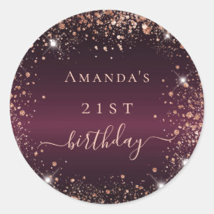 Birthday burgundy glitter-stofnaamscript ronde sticker