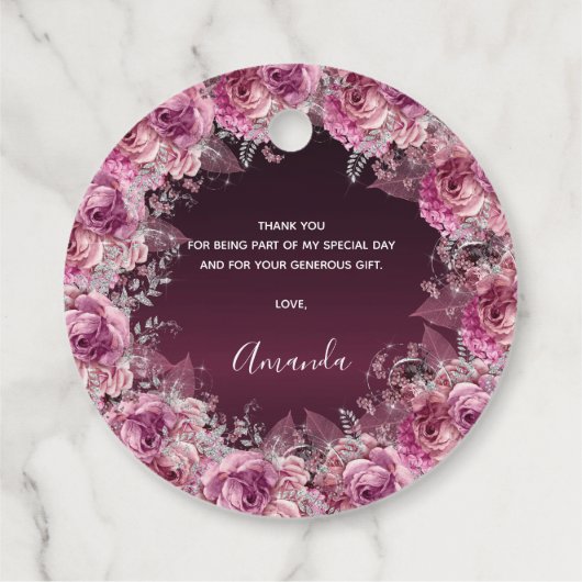 Birthday burgundy pink floral name bedankt bedankjes labels (Achterkant)