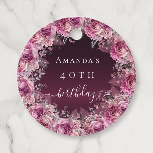 Birthday burgundy pink floral name bedankt bedankjes labels (Voorkant)