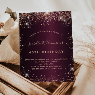Birthday burgundy roos Gold budget uitnodiging Flyer