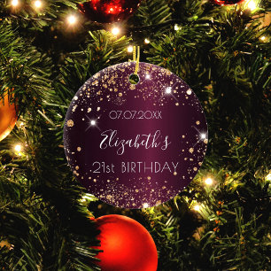 Birthday burgundy roos gold glitter name elegan keramisch ornament