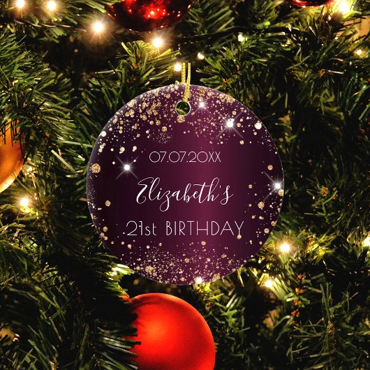 Birthday burgundy roos gold glitter name elegan keramisch ornament