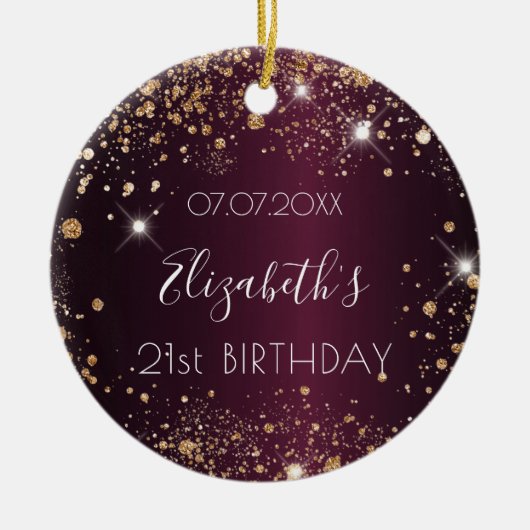 Birthday burgundy roos gold glitter name elegan keramisch ornament (Voorkant)