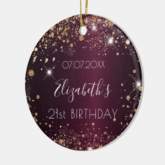 Birthday burgundy roos gold glitter name elegan keramisch ornament (Links)