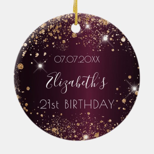 Birthday burgundy roos gold glitter name elegan keramisch ornament (Achterkant)