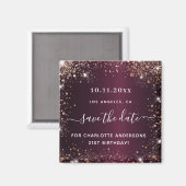 Birthday burgundy roos gold glitter save the date magneet (Voorkant / Achterkant)