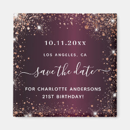 Birthday burgundy roos gold glitter save the date magneet