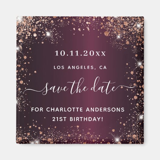 Birthday burgundy roos gold glitter save the date magneet (Voorkant)