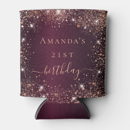 Birthday burgundy roos Gold Name script Blikjeskoeler (Voorkant)