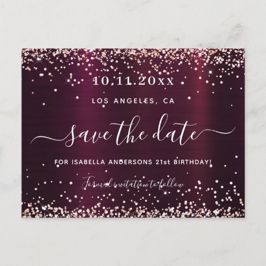 Birthday burgundy roos gold save the date aankondigingskaart (Voorkant)