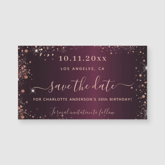 Birthday burgundy roos gold save the date magnet (Voorkant)