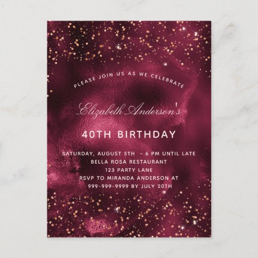 Birthday burgundy roos goudagar elegant uitnodiging briefkaart (Voorkant)