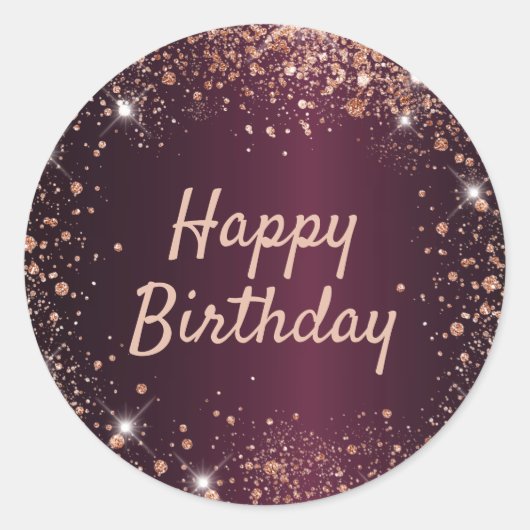 Birthday burgundy roos goudglitsstof ronde sticker (Voorkant)