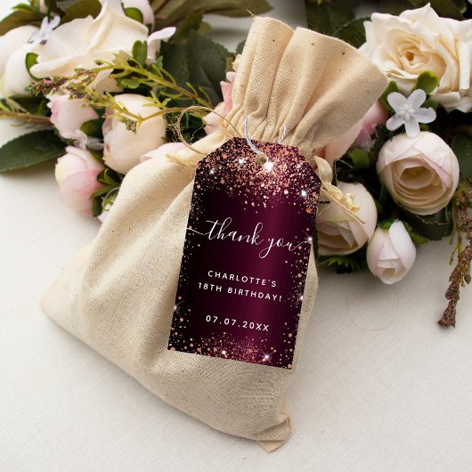 Birthday burgundy roos goudglitter bedankt cadeaulabel