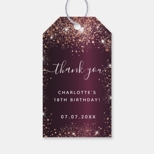 Birthday burgundy roos goudglitter bedankt cadeaulabel (Voorkant)