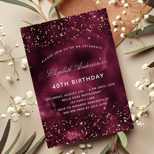 Birthday burgundy roos goudglitter kaart