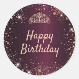 Birthday burgundy roos goudglitter tiara crown ronde sticker