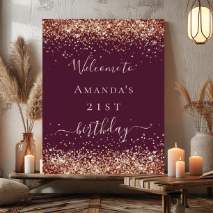 Birthday burgundy roos goudglitter welkom stof poster