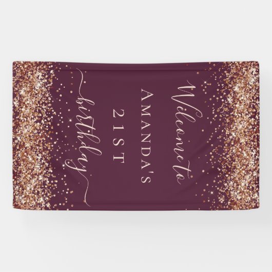 Birthday burgundy roos goudglitter welkom stof spandoek (Horizontaal)
