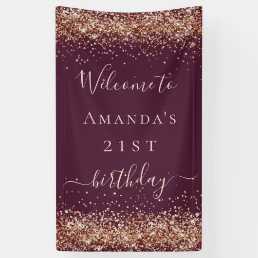 Birthday burgundy roos goudglitter welkom stof spandoek (Verticaal)