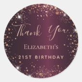 Birthday burgundy roos goudnaam bedankt ronde sticker (Voorkant)