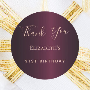 Birthday burgundy roos goudnaam bedankt ronde sticker