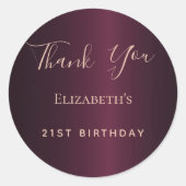 Birthday burgundy roos goudnaam bedankt ronde sticker (Voorkant)