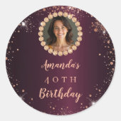 Birthday burgundy rose gold photo diamonds ronde sticker (Voorkant)