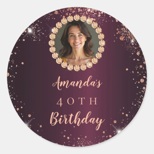 Birthday burgundy rose gold photo diamonds ronde sticker (Voorkant)