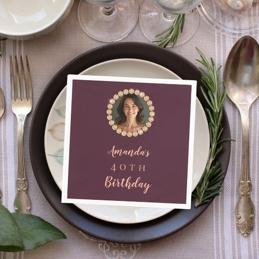 Birthday burgundy rose gold photo diamonds servet