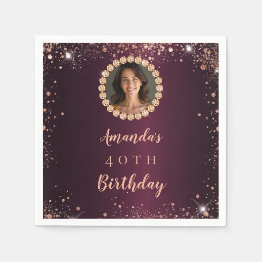 Birthday burgundy rose gold photo diamonds servet (Voorkant)