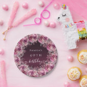 Birthday burgundy roze floral name script papieren bordje (Feest)