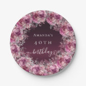 Birthday burgundy roze floral name script papieren bordje (Voorkant)