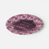 Birthday burgundy roze floral name script papieren bordje (Gekanteld)