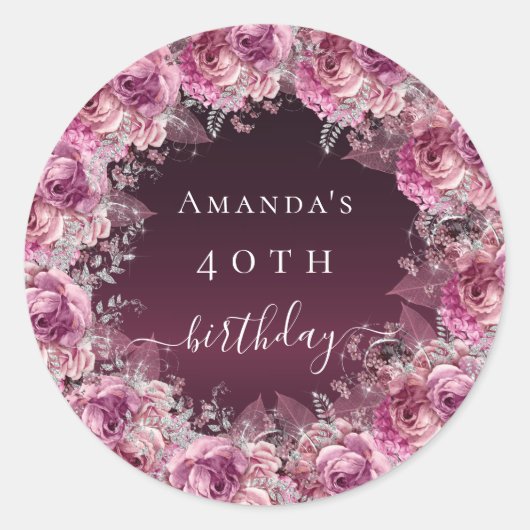 Birthday burgundy roze floral name script ronde sticker (Voorkant)