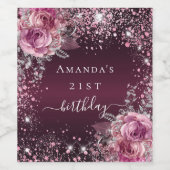 Birthday burgundy roze florale glitter stofnaam wijn etiket (Enkel label)