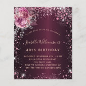 Birthday burgundy roze florals budgetuitnodiging flyer (Voorkant)