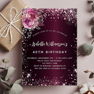 Birthday burgundy roze florals glitter glamoureus uitnodiging briefkaart