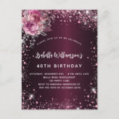 Birthday burgundy roze florals glitter glamoureus uitnodiging briefkaart (Voorkant)
